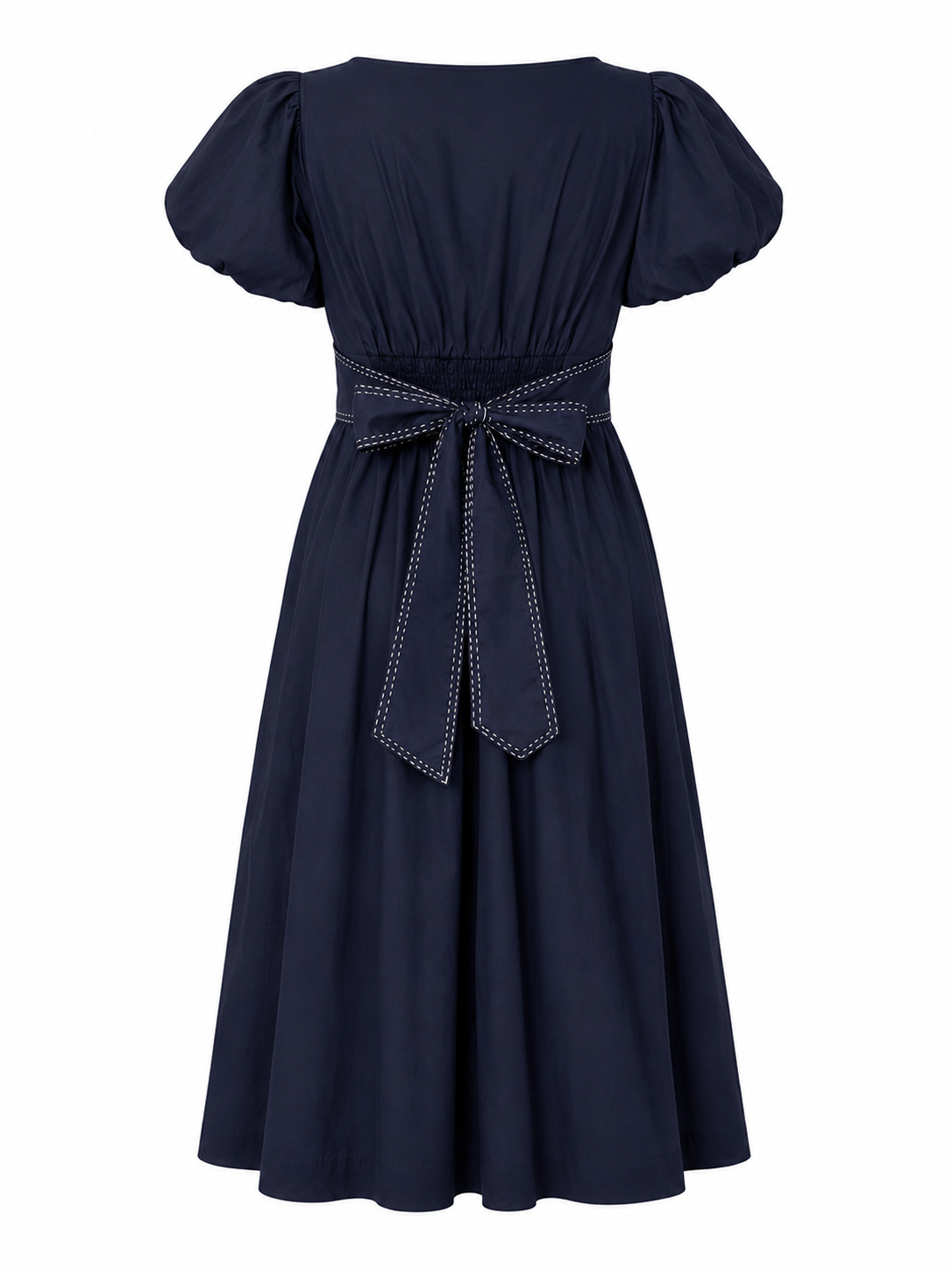 Navy Puff Sleeve Midi Dress