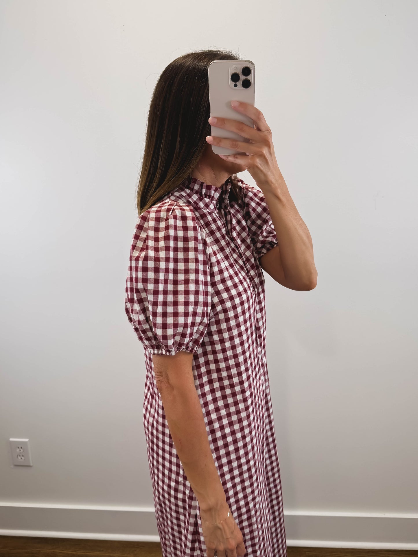 The Heritage Gingham Dress | Burgundy Puff Sleeve Midi Dress