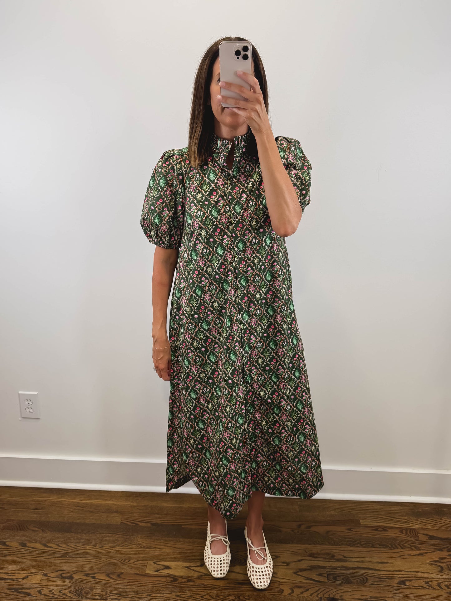 The Woodland Bloom Dress | Green Floral Puff Sleeve Midi Dress