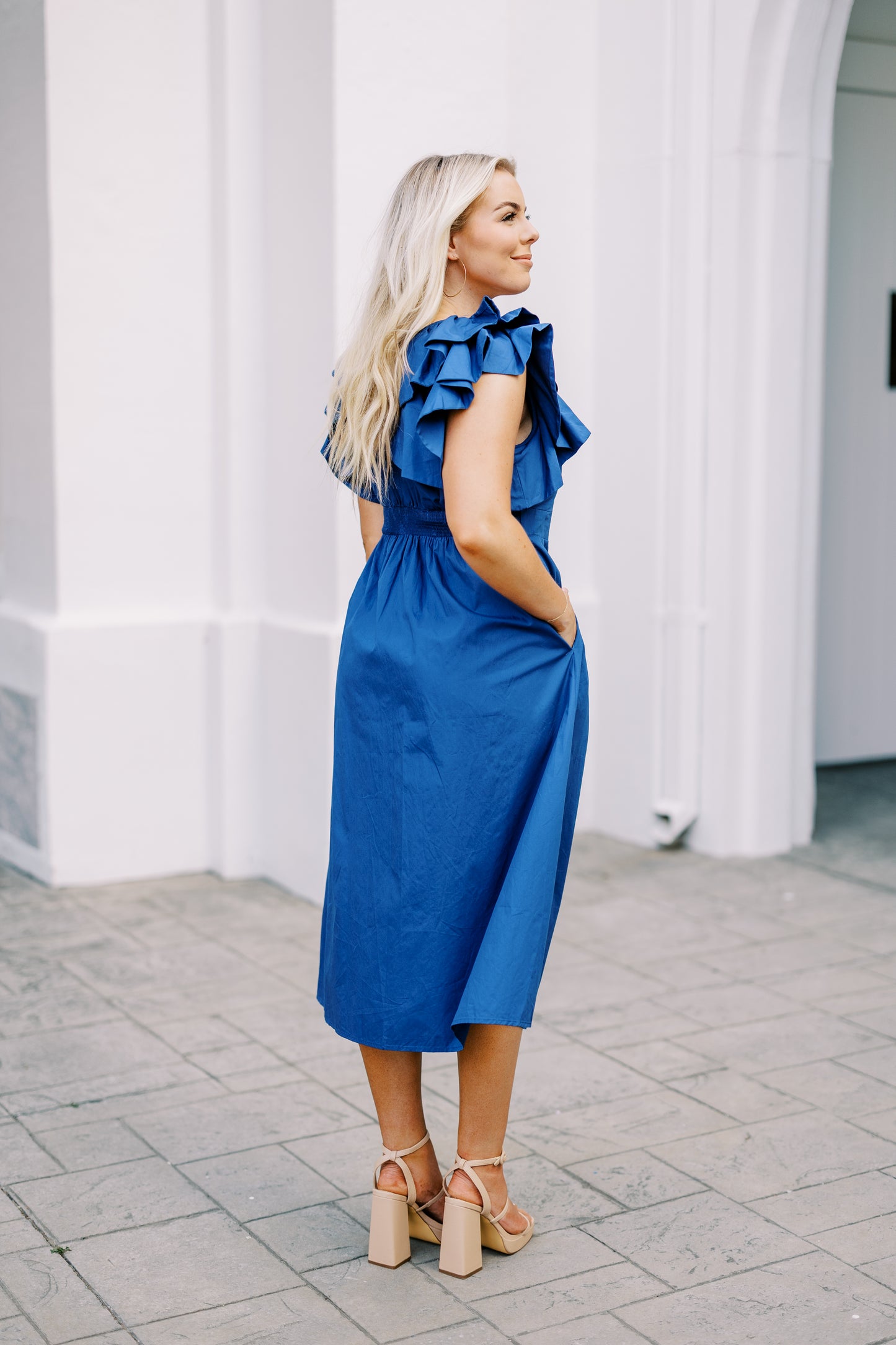 The Linley Ruffle Sleeve Dress in Navy