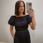 Navy Puff Sleeve Midi Dress