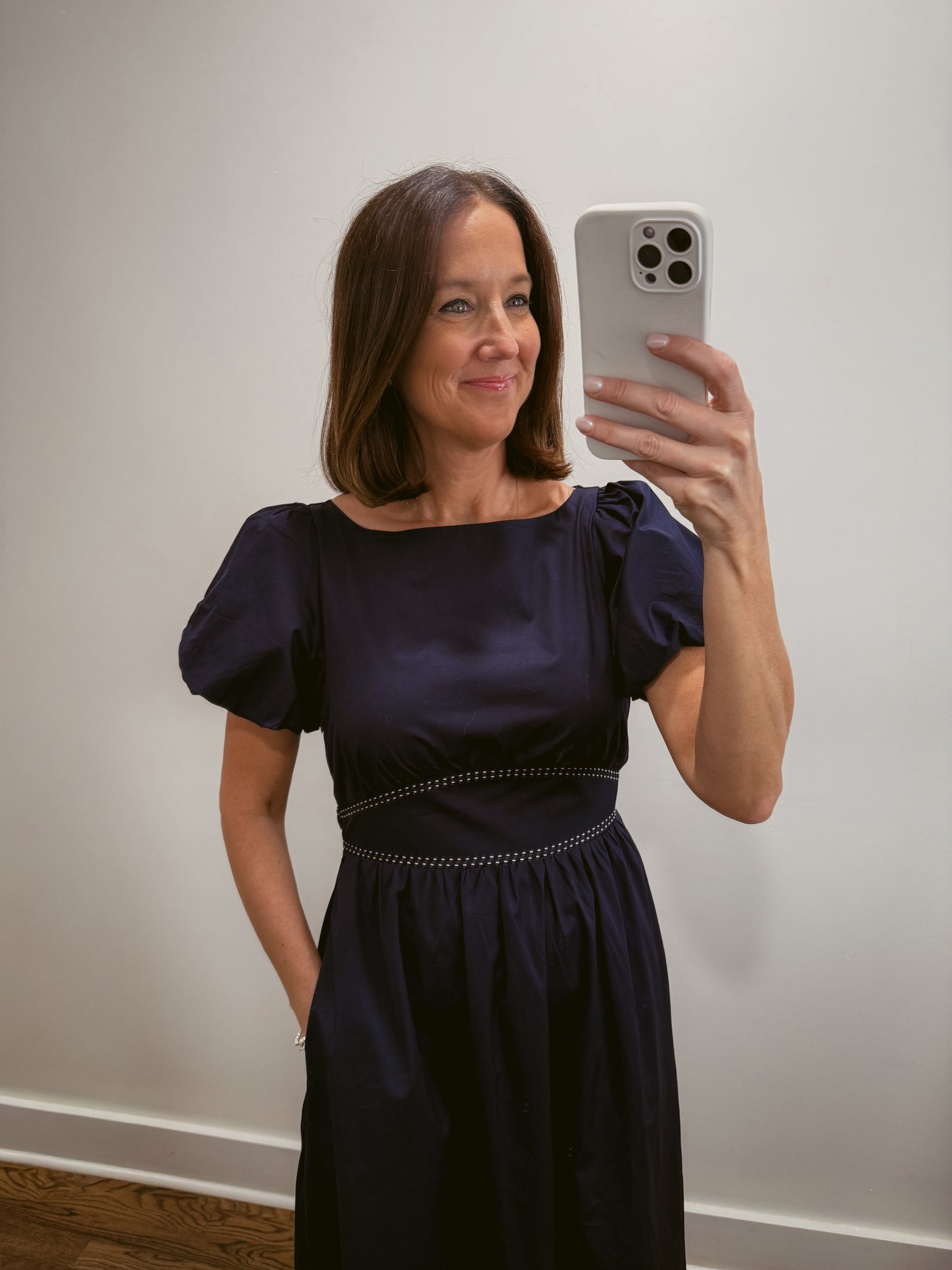 Navy Puff Sleeve Midi Dress