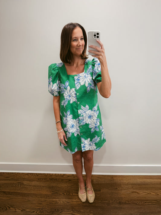The Emerald Bloom Eyelet Mini Dress