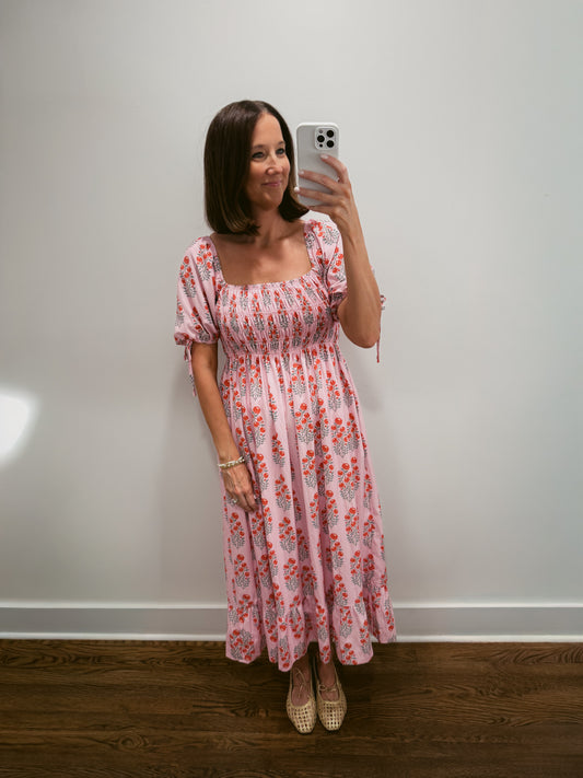 The Rosy Garden Smocked Midi Dress