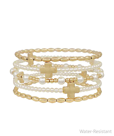 5 Row of Pearl and Gold Cross Bracelets