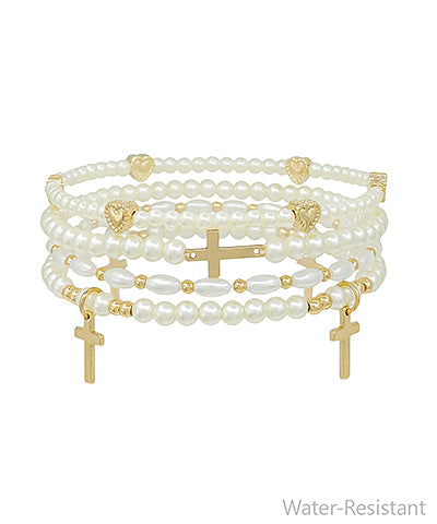 4 Row Heart and Cross Pearl Charm Bracelet