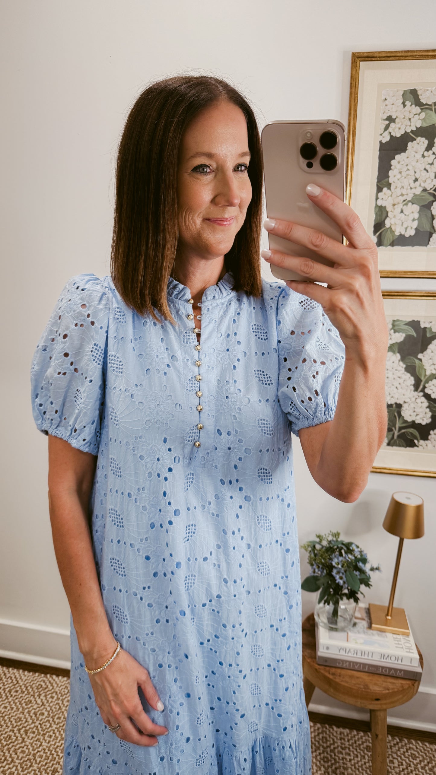 Meadow Eyelet Midi Dress in Blue