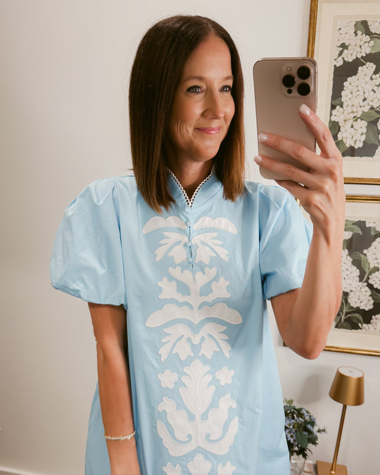 Waverly Appliqué Mini Dress in Blue