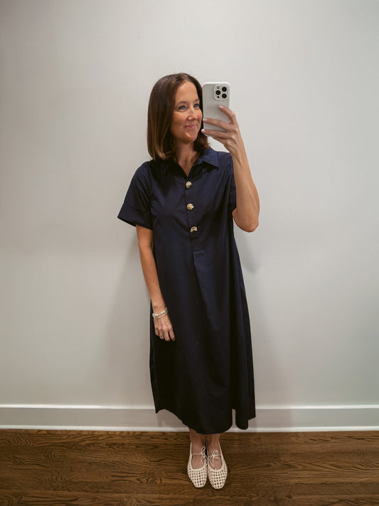 Bluebell Button Midi Dress in Navy