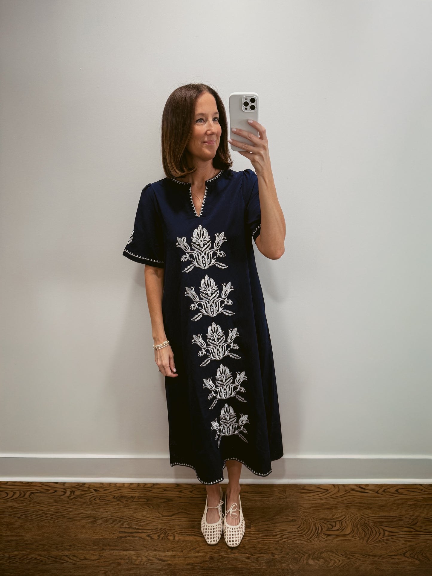 Navy Embroidered Shift Dress