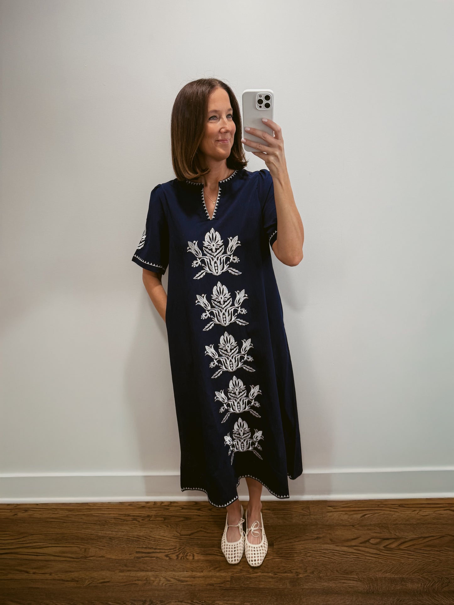 Navy Embroidered Shift Dress