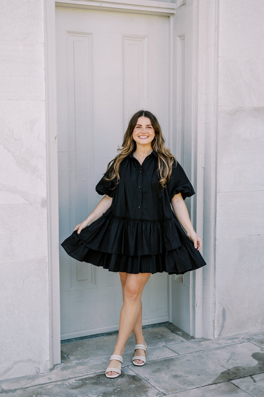 The Brenley Balloon Sleeve Button Up Dress in Black