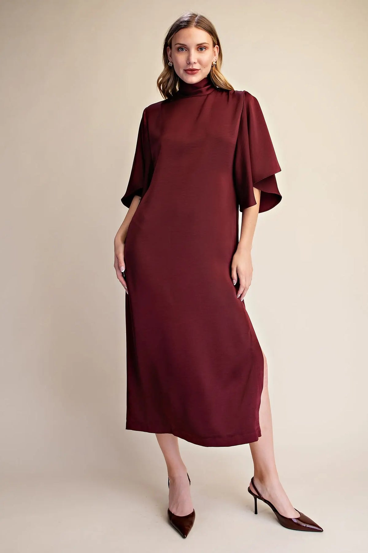 The Bordeaux Dress | Burgundy Satin Wedding Guest Midi Dress