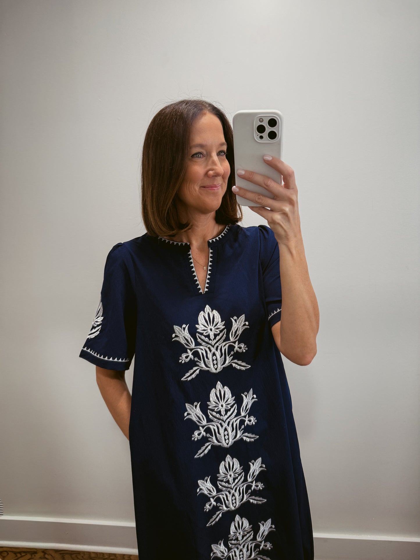 Navy Embroidered Shift Dress