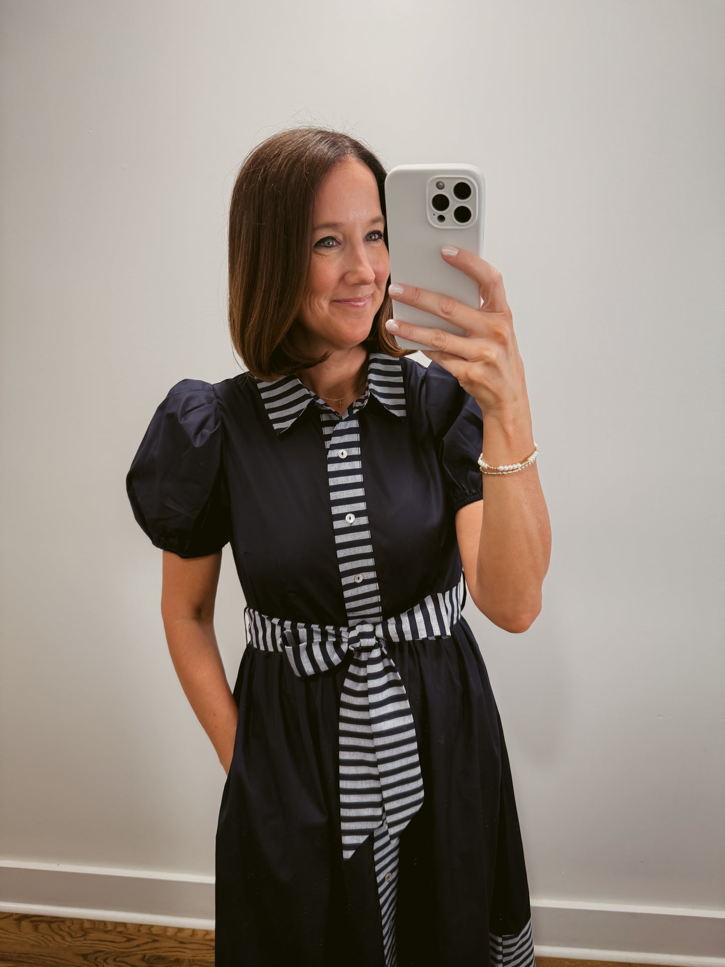 The Navy Puff Sleeve Midi Dress