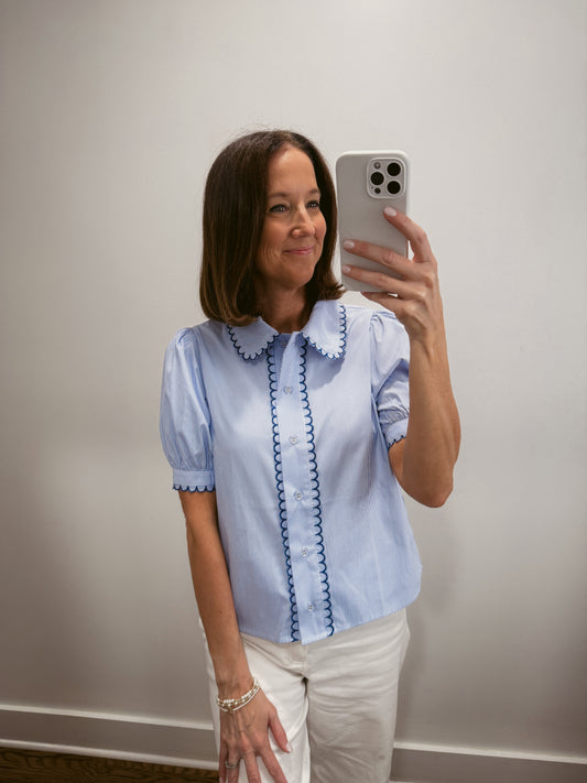 The Scallop Stripe Blouse in Blue