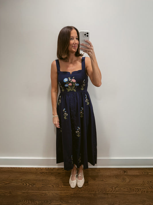 Navy Wildflower Embroidered Midi Dress