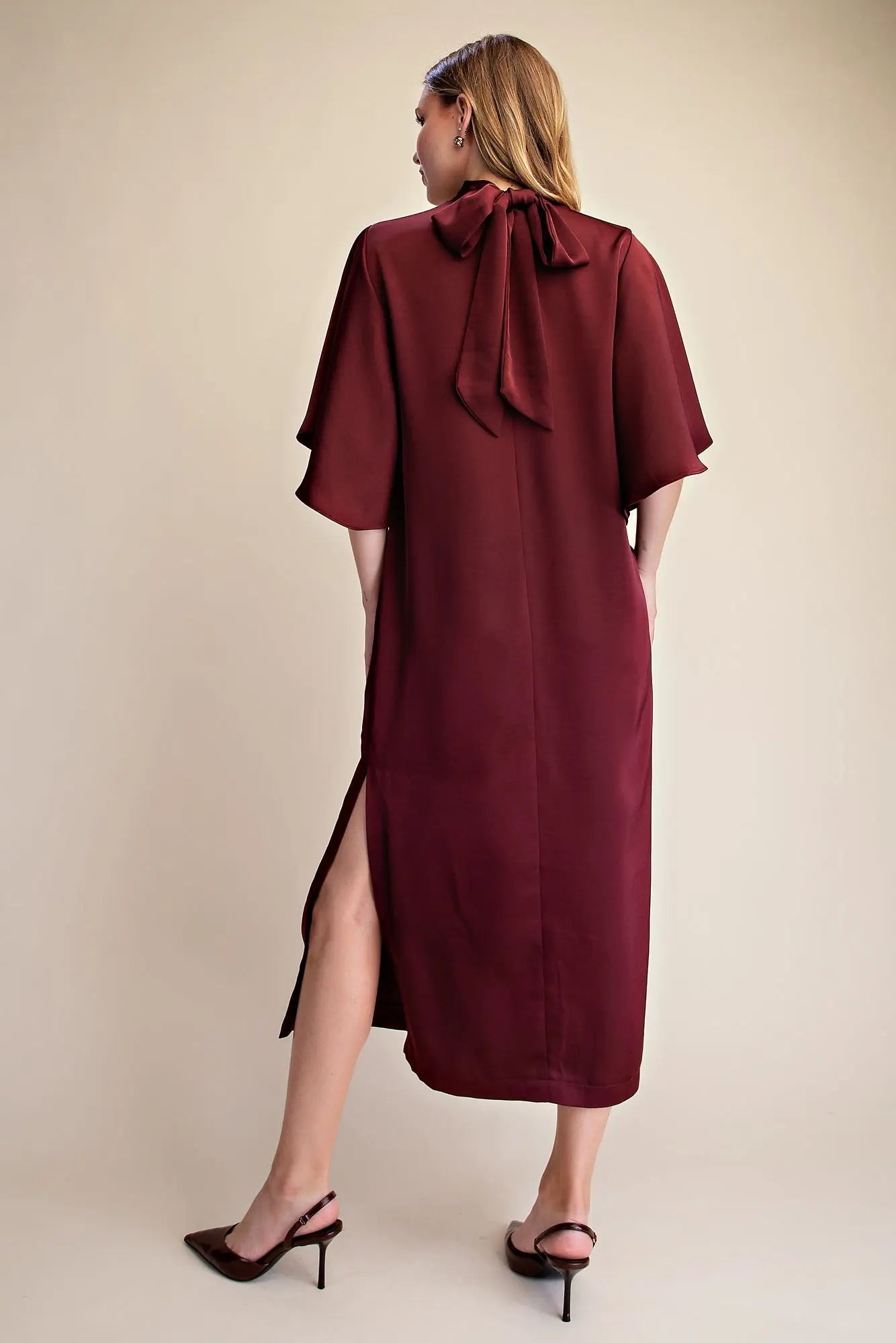 The Bordeaux Dress | Burgundy Satin Wedding Guest Midi Dress
