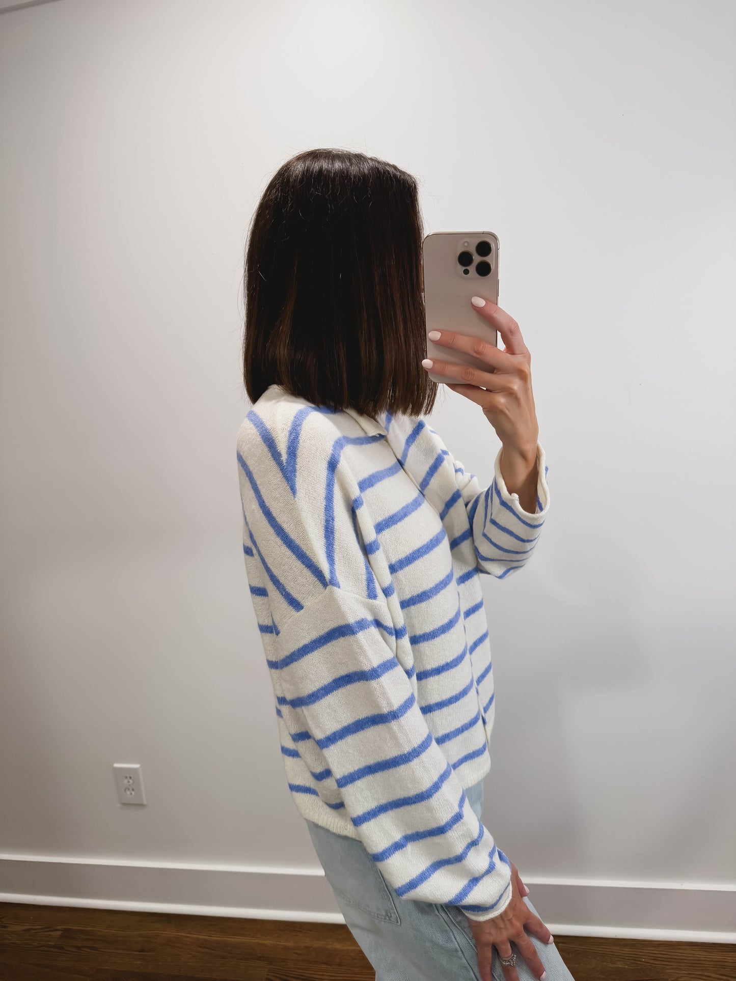 Striped Piper Cardigan in Ivory/Blue
