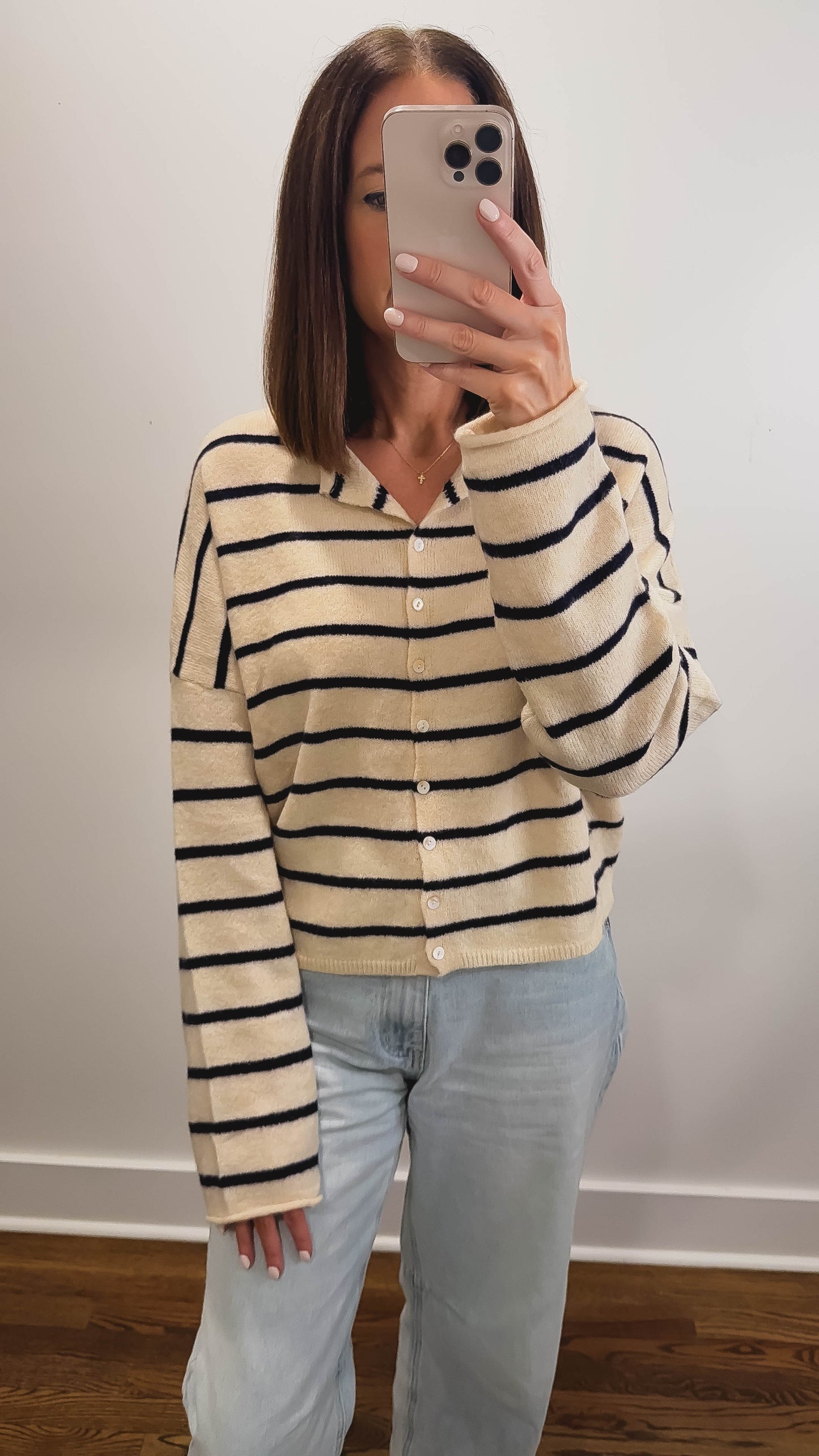 Striped Piper Cardigan in Natural/Navy