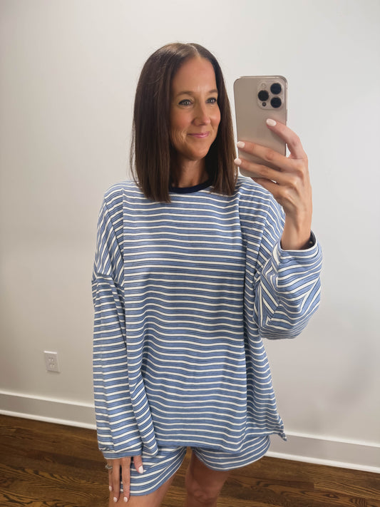 The Morgan Striped Oversized Long Sleeve Top in Blue