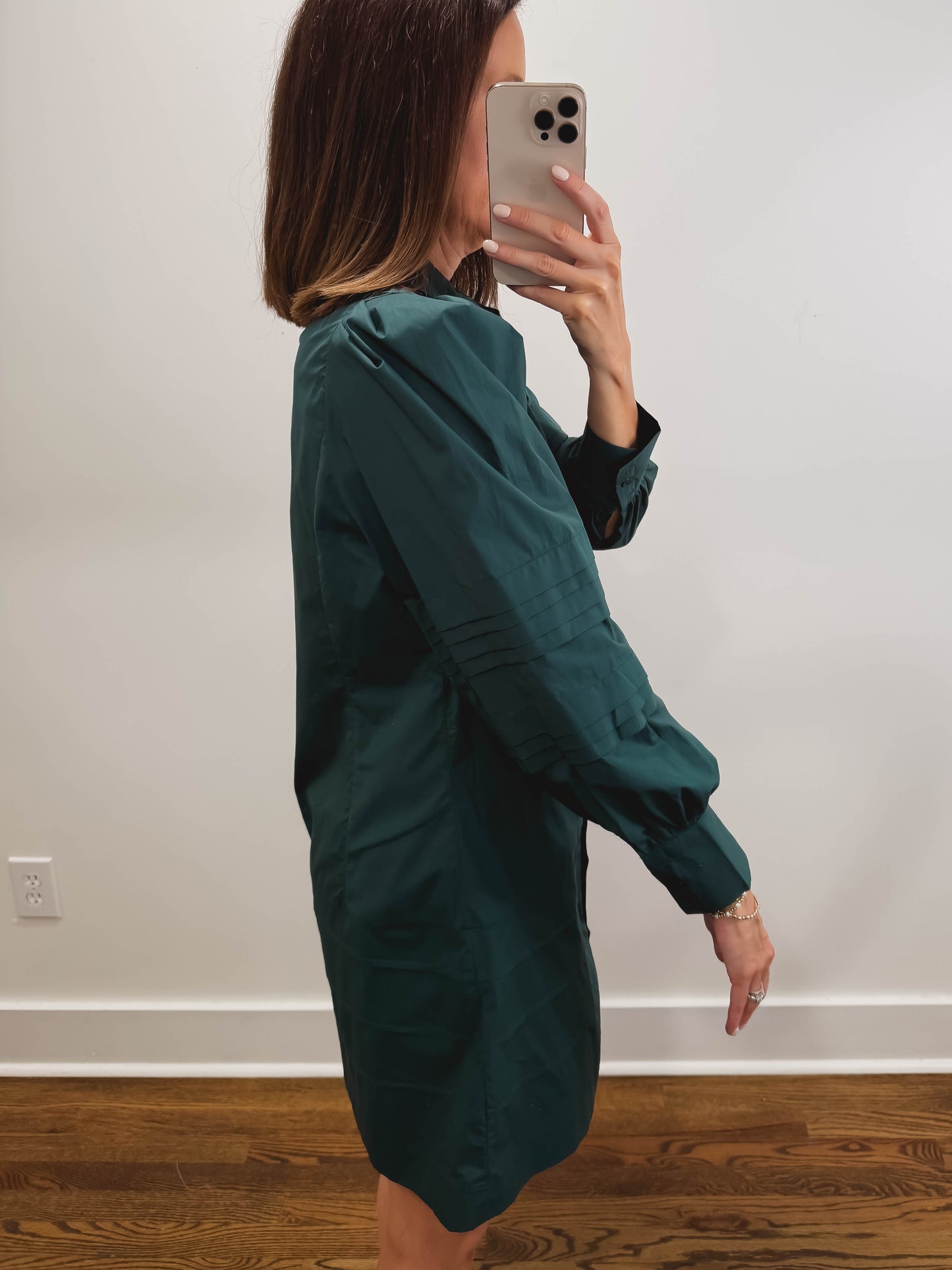 The Everly Pin Tuck Mini Dress in Hunter Green