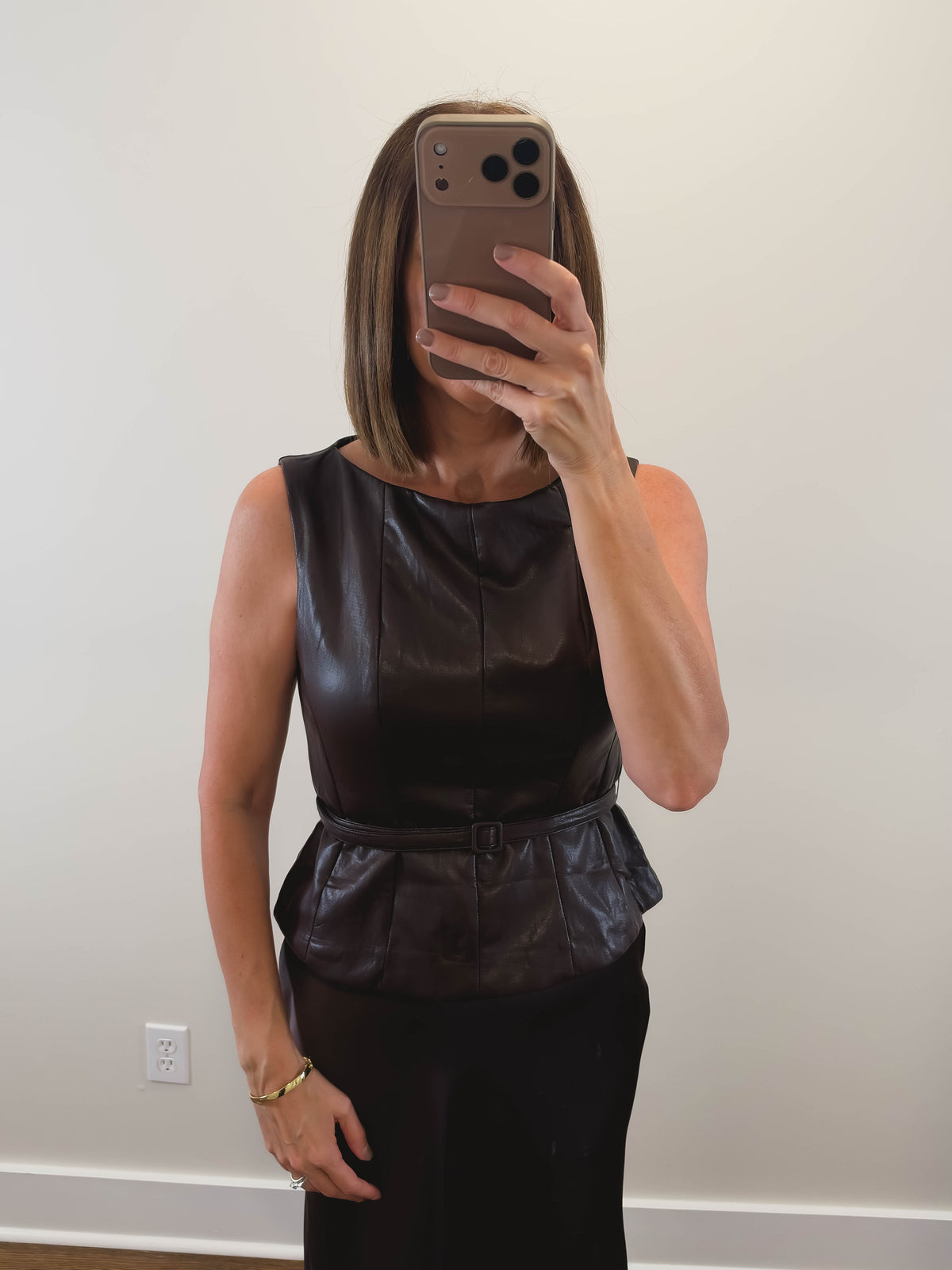 The Fondant Top | Chocolate Faux Leather Belted Top
