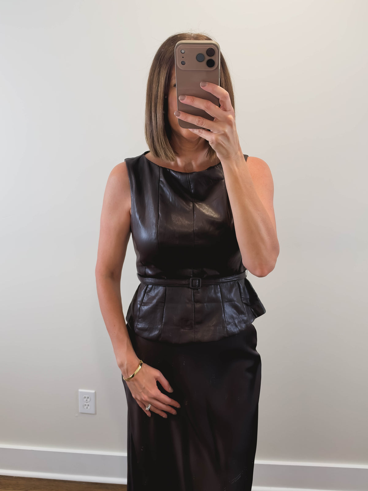 The Fondant Top | Chocolate Faux Leather Belted Top
