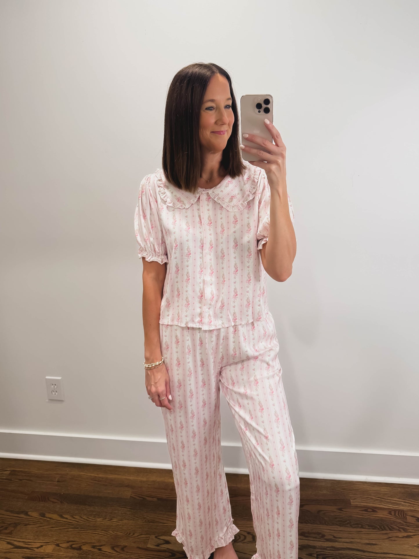 Floral Stripe Ruffle Collar Pajama Set