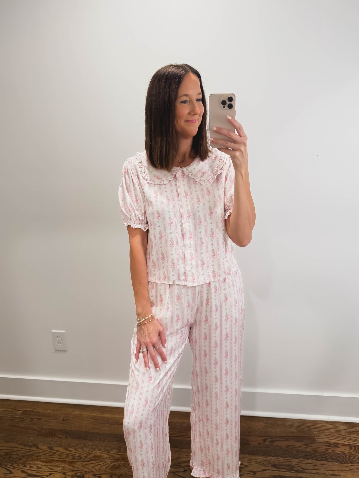 Floral Stripe Ruffle Collar Pajama Set