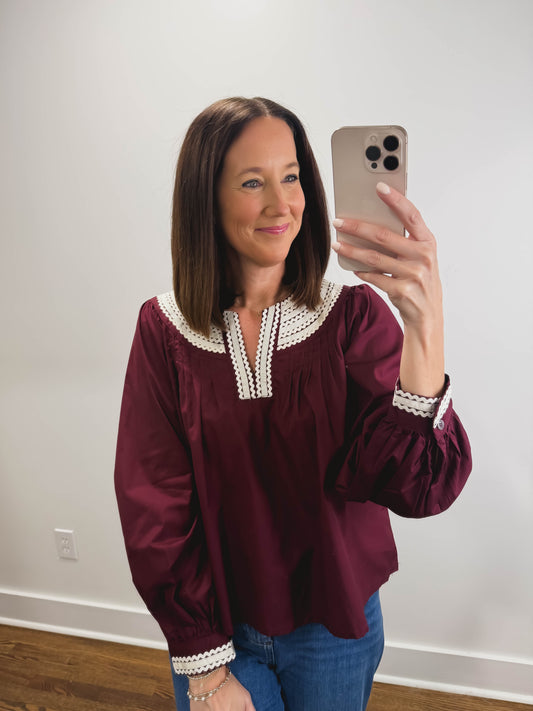 The Rosalie Ric Rac Blouse in Burgundy
