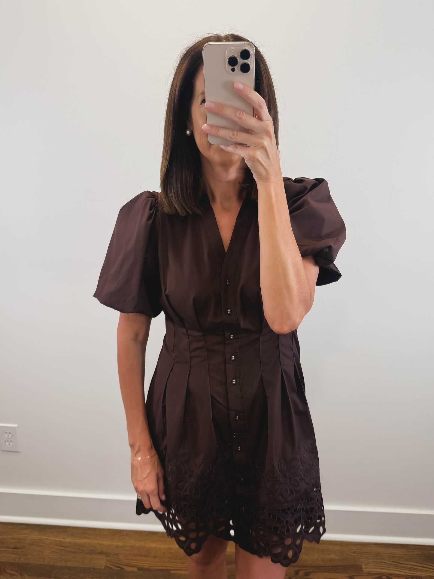 The Sable Dress | Brown Cutwork Eyelet Mini Shirt Dress