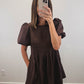 The Truffle Dress | Brown Pintuck Puff Sleeve Mini Dress