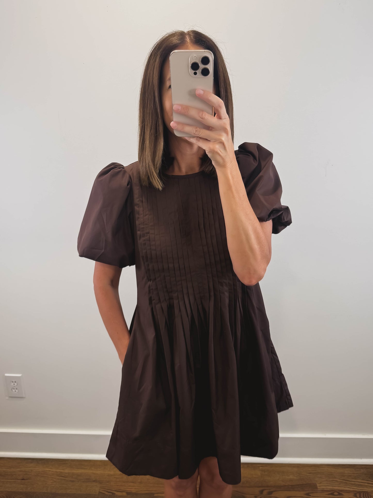 The Truffle Dress | Brown Pintuck Puff Sleeve Mini Dress