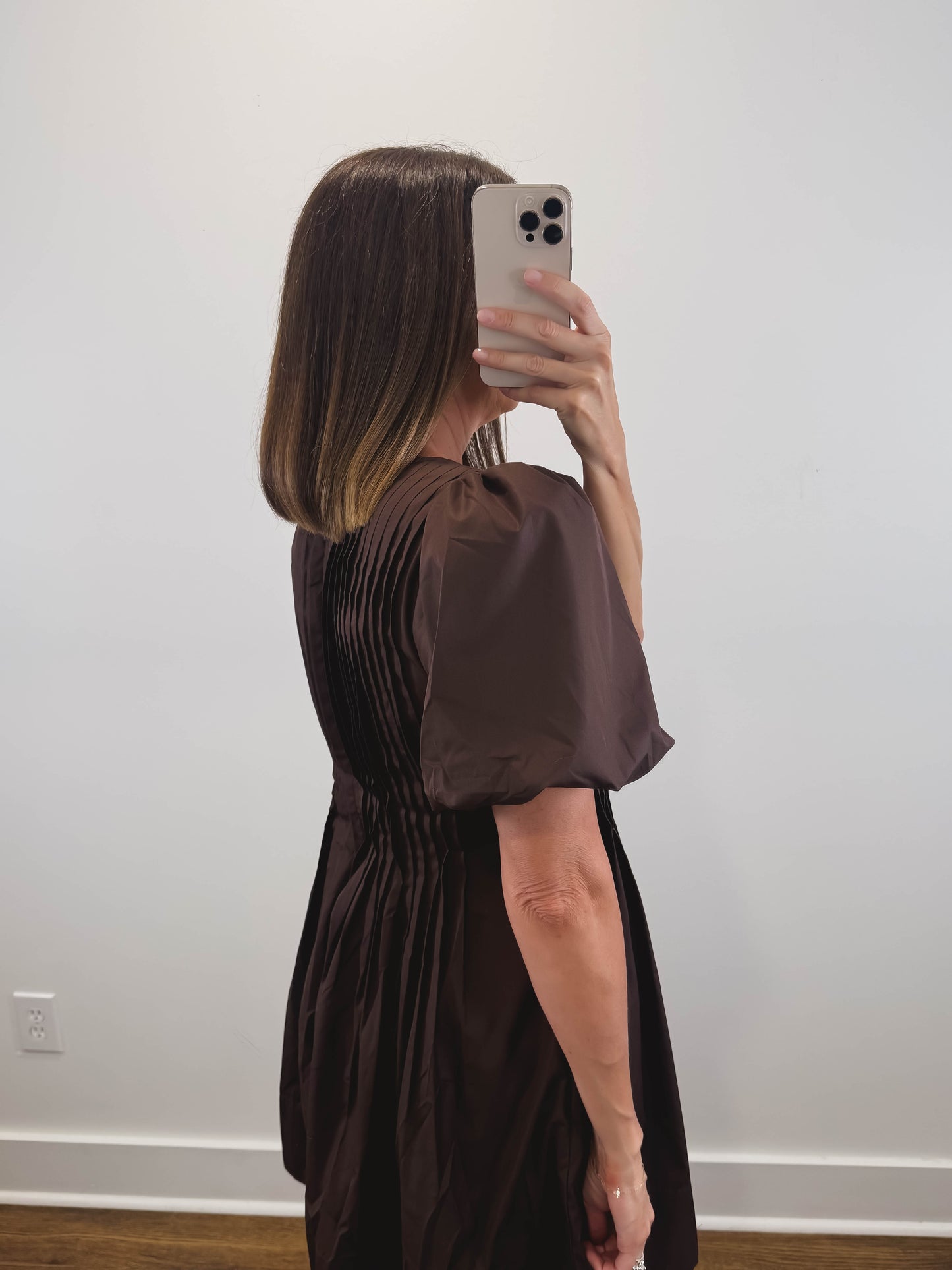 The Truffle Dress | Brown Pintuck Puff Sleeve Mini Dress