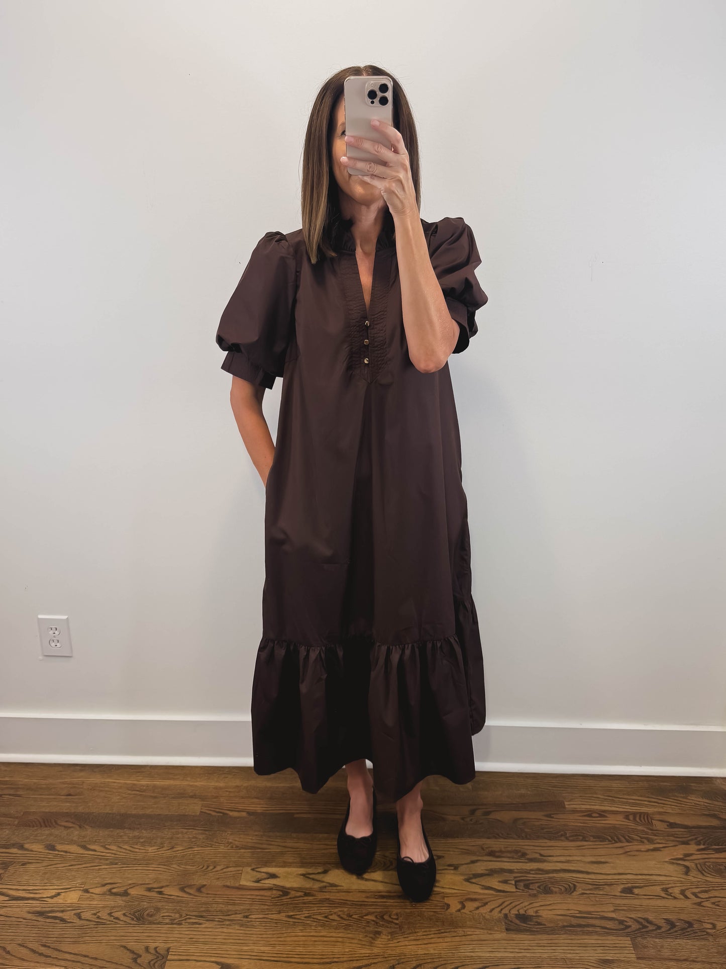 The Walnut Dress | Espresso Puff Sleeve Midi Dress