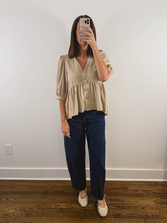 The Gold Button Top in Tan