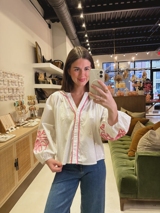 The Puff Sleeve Embroidered Blouse in Pink and White