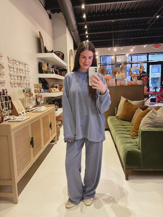 Oversized Blue Fleece Top with Brown Strips