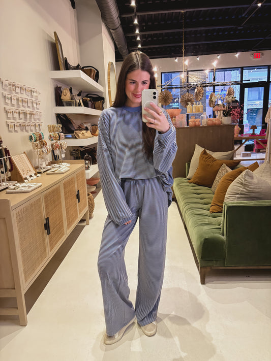 Blue Fleece Pants with Brown Stripes