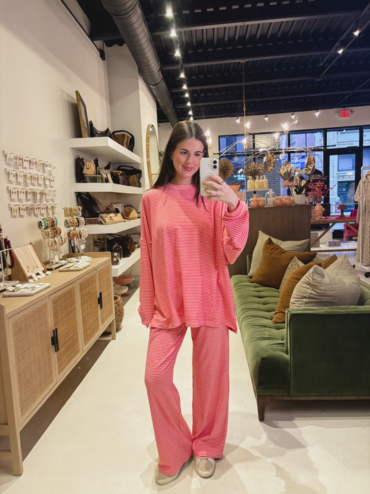 Oversized Pink Fleece Top with Red Stripes