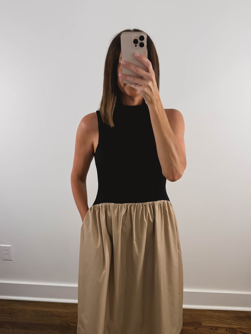 The Sunday Dress | Black and Tan Sleeveless Midi Dress
