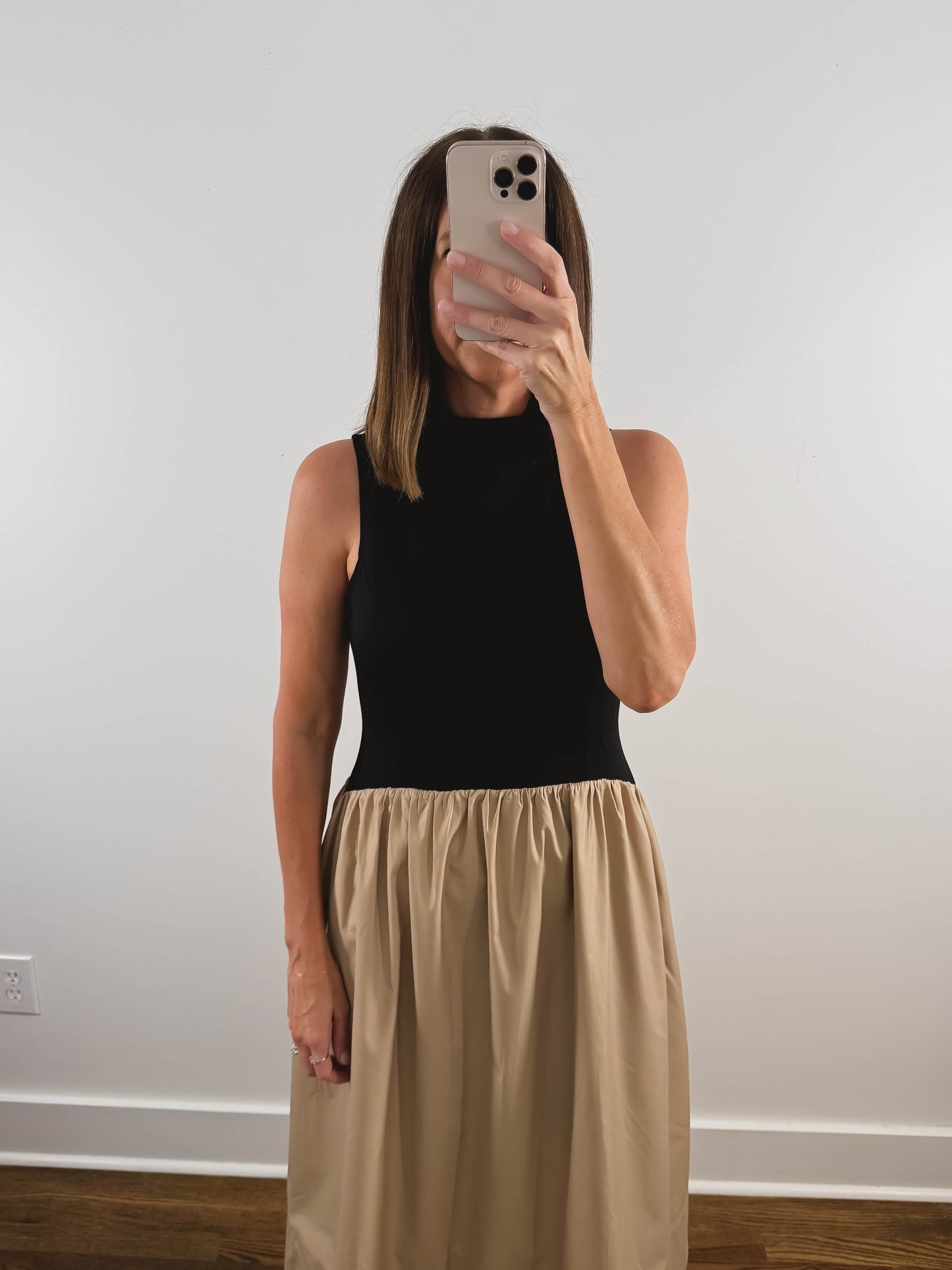 The Sunday Midi Dress in Black + Tan
