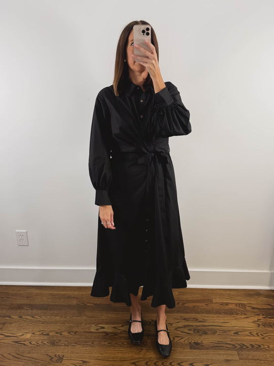 The Willow Dress | Black Belted Long Sleeve Midi Dress