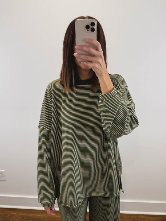 The Levi Striped Oversized Long Sleeve Top in Olive Green