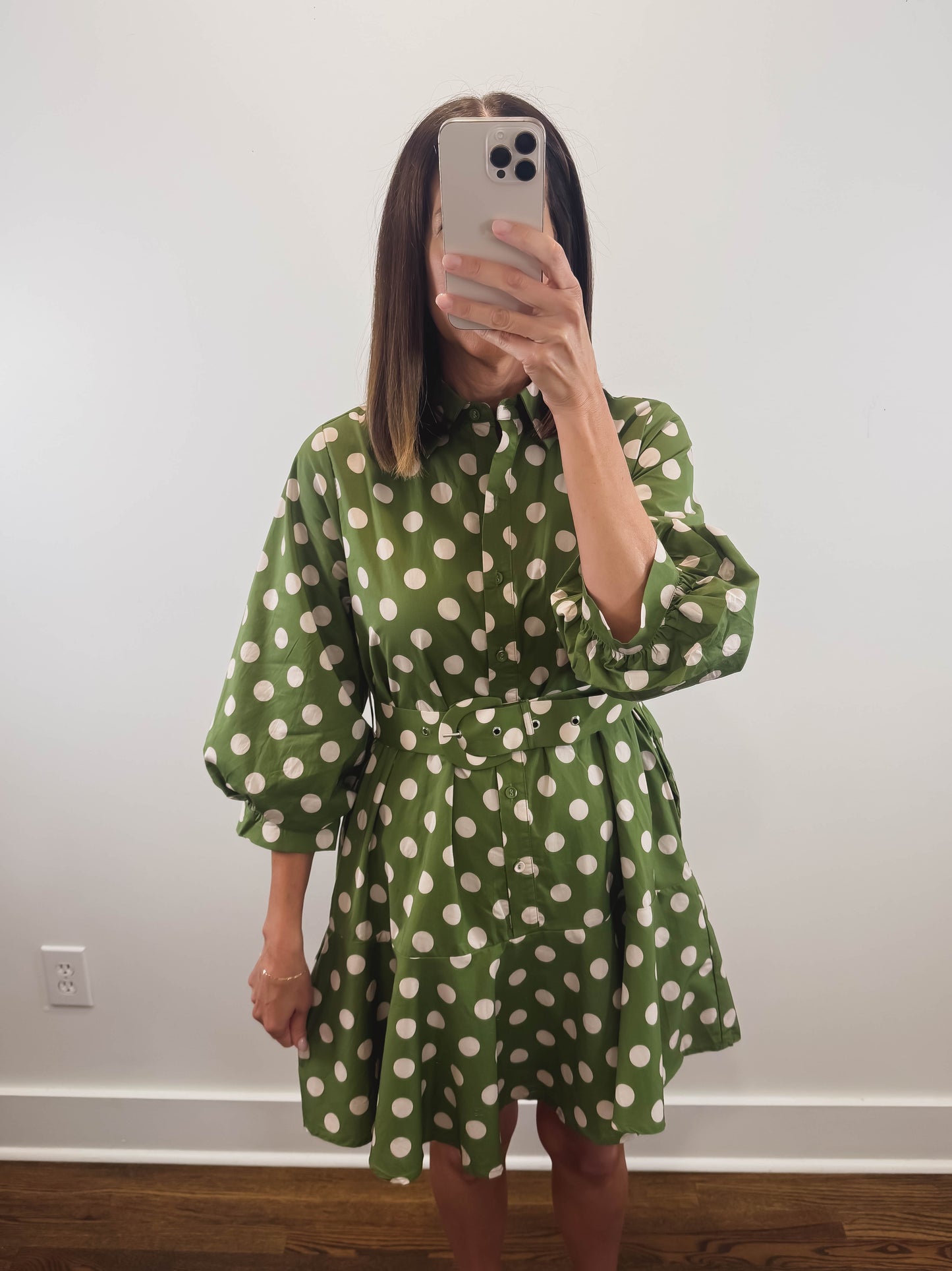 The Ivy Dress | Green Polka Dot Mini Shirt Dress