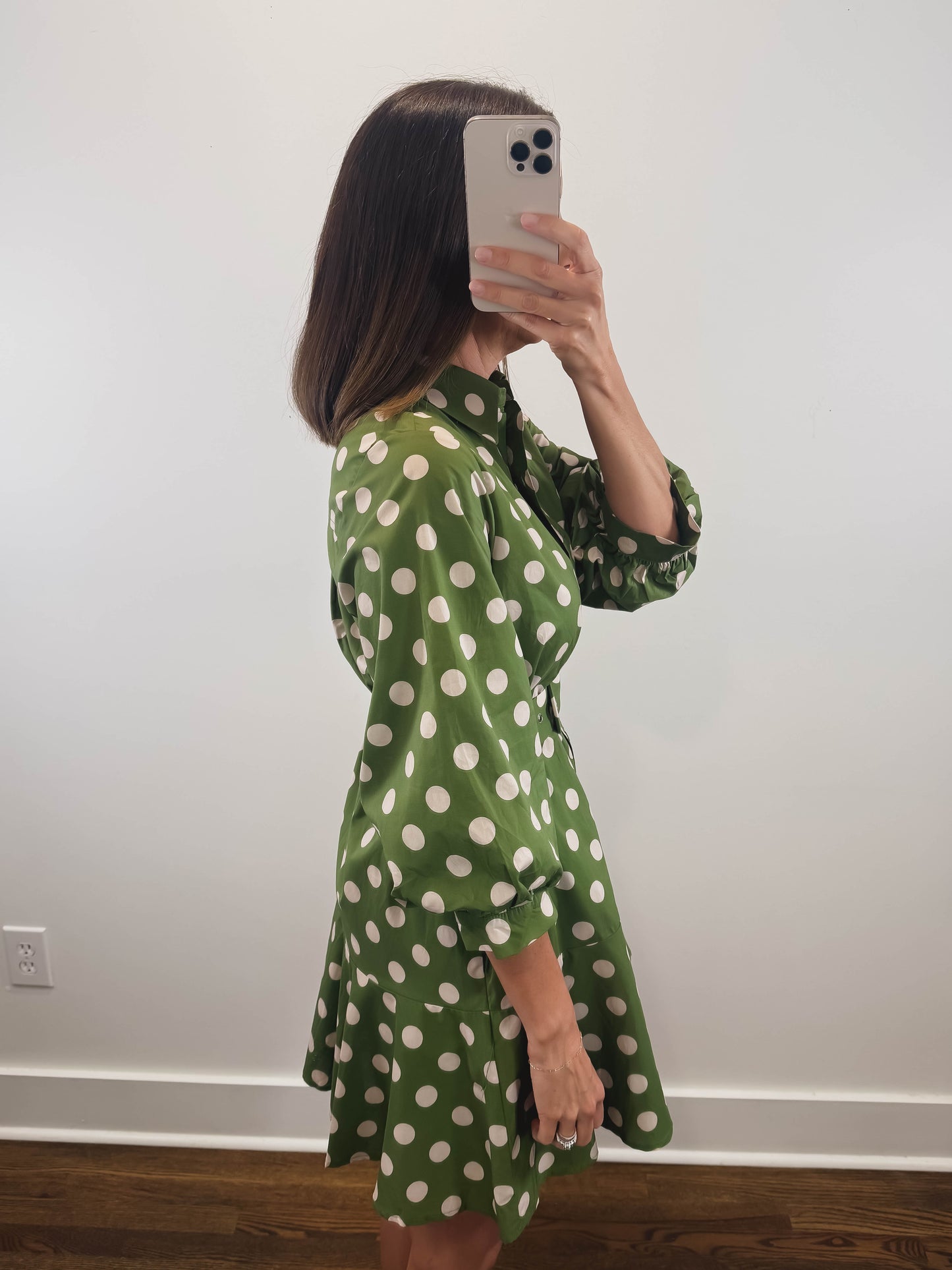 The Ivy Dress | Green Polka Dot Mini Shirt Dress