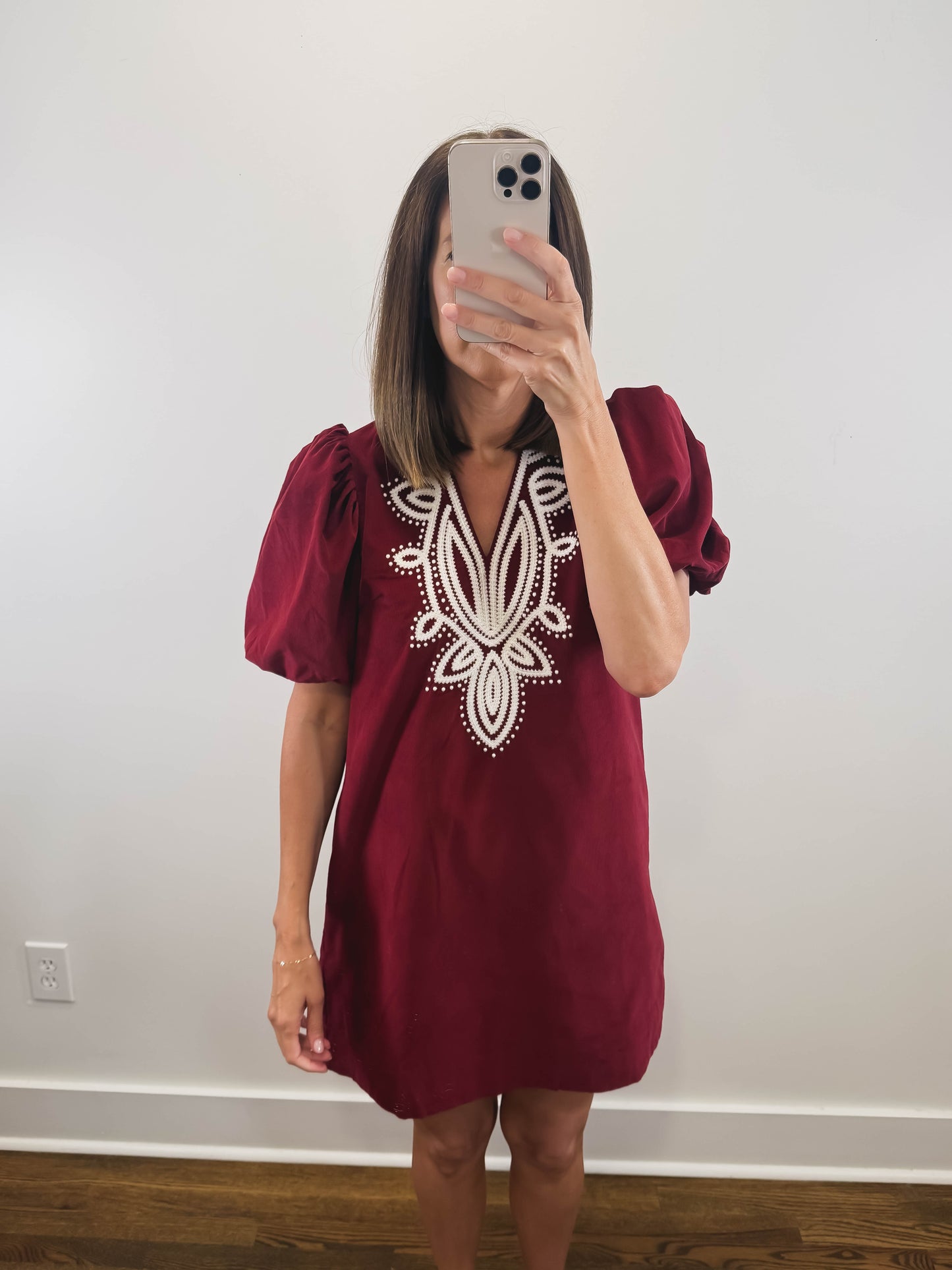 The Merlot Dress | Burgundy Embroidered Corduroy Mini Dress