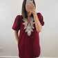 The Merlot Dress | Burgundy Embroidered Corduroy Mini Dress