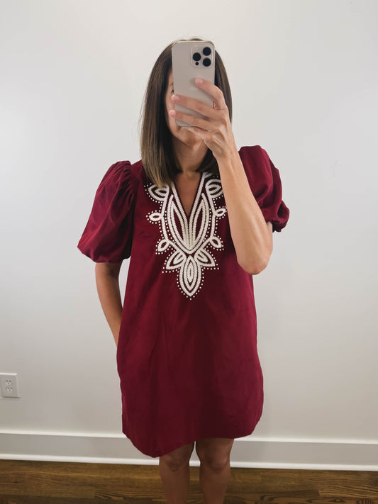 The Merlot Dress | Burgundy Embroidered Corduroy Mini Dress
